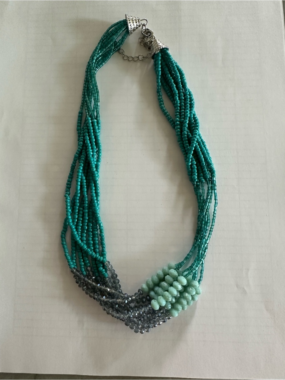 Teal Multistrand Beaded Necklace with Mint and Gray Accents